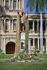 Statue of King Kamehameha covered in lei, located in Honolulu, Hawaii