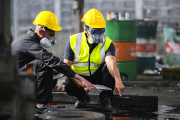 Two officers wearing gas masks inspected the area of a chemical leak in an industrial warehouse to...