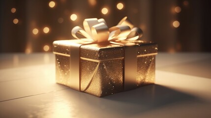 Gold Gift box on dark golden background with glitter lights blurred bokeh. Christmas and New Year surprise gift box. generative ai