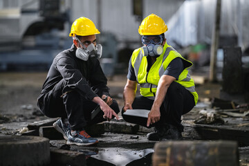 Two officers wearing gas masks inspected the area of a chemical leak in an industrial warehouse to...