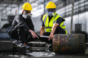 Two officers wearing gas masks inspected the area of a chemical leak in an industrial warehouse to assess the damage. Technicians wearing gas masks inspect and assess the recovery of toxic spills. - obrazy, fototapety, plakaty