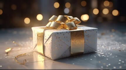 White and Gold Gift box on dark golden background with glitter gold confetti Christmas and New Year surprise gift box. generative ai