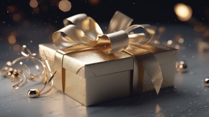 Gold Gift box on dark golden background with glitter gold confetti Christmas and New Year surprise gift box. generative ai