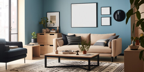 Frame mockup in modern living room interior 