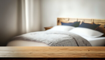 bedroom with bed,blurred bed, background, Table background of free space, texture, Ai generated 