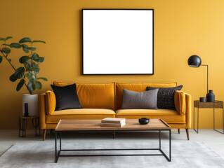Frame mockup in modern living room interior with yellow wall and couch
