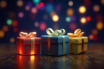 Gift box on night dark background with glitter lights blurred bokeh. Christmas and New Year surprise gift box with bright lights led garlands. generative ai
