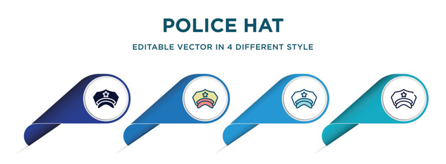 police hat icon in 4 different styles such as filled, color, glyph, colorful, lineal color. set of vector for web, mobile, ui