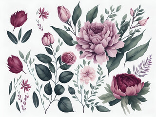 Watercolor floral illustration green leaves, pink peach, pink flowers, rose, Tulips, Dahlia, Lily, Carnation, Orchids, Transvaal daisy, branches.