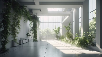 Fototapeta premium modern interior lobby of office building with green plants decoration. Created with Generative AI technology. 
