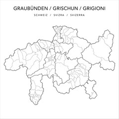 Vector Map of the Canton of the Grisons (Graubünden - Grischun - Grigioni) with the Administrative Borders of Regions, Municipalities and the Quarters of the City of Chur as of 2023