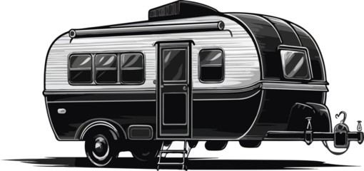 a traditional caravan vacation concept. Isolated on white background. Black in color. Picture drawn on a single line art.