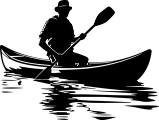 Silhouette of person cruising on lake with canoe - obrazy, fototapety, plakaty