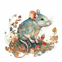 Traditional Chinese rat painting in the theme of 12 Chinese zodiac signs. Created with Generative AI technology. 
