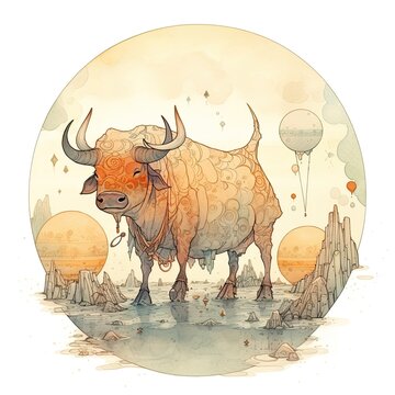Traditional Chinese ox painting in the theme of 12 Chinese zodiac signs. Created with Generative AI technology. 
