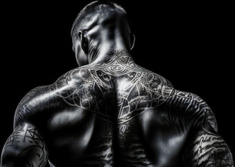 Fototapeta na wymiar black and white portrait of a bodybuilders back with tattoos