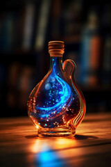 Glowing galaxy in a glass bottle. AI generative