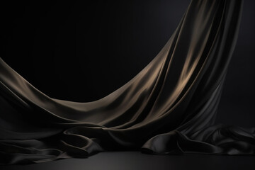 Black and golden matte wind blowing flying silk clothe background with copy space. Generative AI