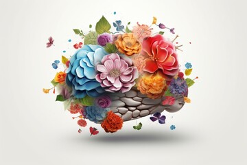 Brain with Flowers Illustration, Creative Mind Concept Created with Generative AI