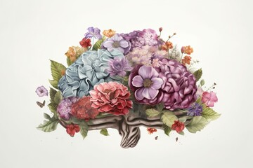 Brain with Flowers Illustration, Creative Mind Concept Created with Generative AI