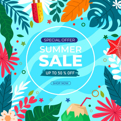 Summer sale template with tropical elements