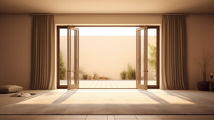 Empty luxury room with beige wall folding door with sunlight.