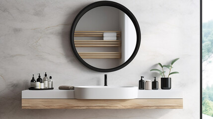 minimal loft white marble bathroom vanity counter podium. Generative AI