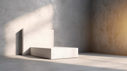 minimal white square concrete podium in sunlight shadow. Generative AI