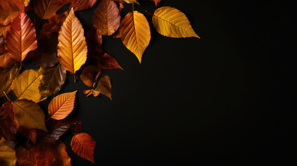 Autumn background with copy space, fallen yellow leaves on black background with empty space, top view. Generative AI