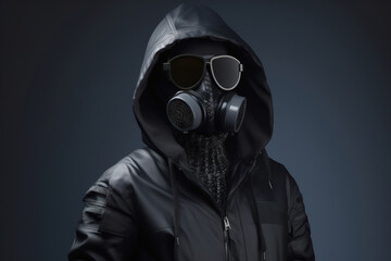 Unrecognizable stylish male model in glasses, gas mask and jacket with hood on dark. Modern creative post-apocalyptic fashion concept. Generative AI