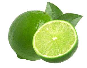Natural fresh lime with leaves and half-isolated, transparent png, PNG format, cut-out