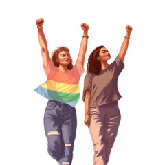 Fototapeta premium Two Women, They Raise Their Fist To The Air, One Wear Rainbow Tee Shirt, Concept of Pride Day, LGBTQ+, Same-Sex Relationships and Homosexual Ai Generated