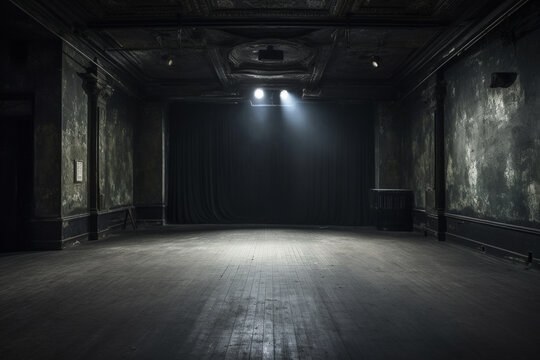 An empty stage in a dark room, an Empty space in a dark Studio room, Generative AI