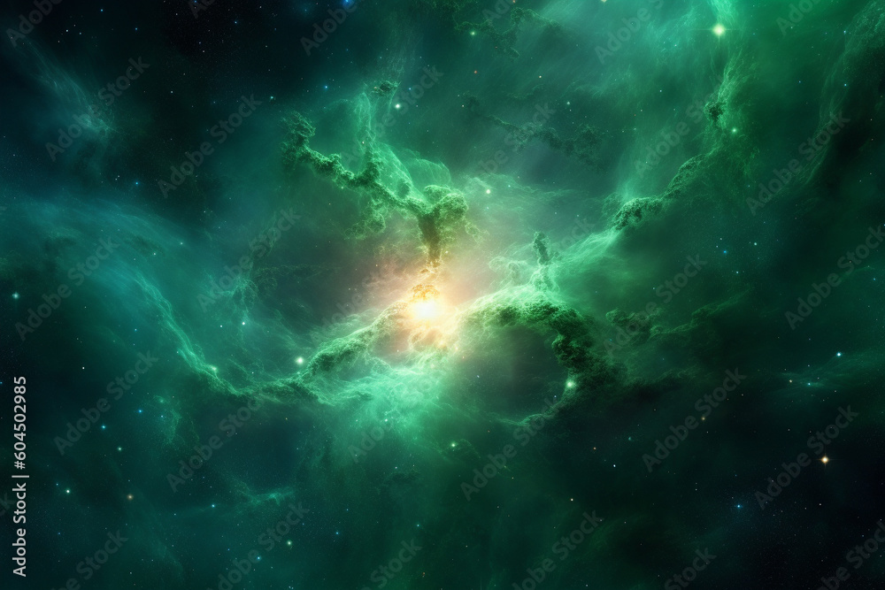 Wall mural green universe space nebula, cosmic background, generative ai