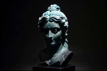 Stone Statue Bust Of a Woman. Greek Stone Work. Roman Historic Art. Human Form. On a flat black background.