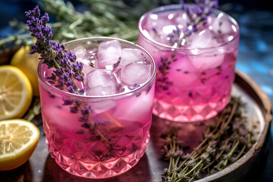 Summer Violet Lemonade with Ice Cubes and lavender, Generative AI