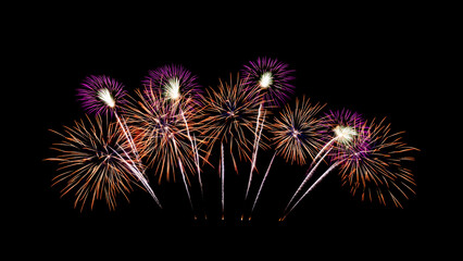 Festive new year orange and pink fireworks on black background