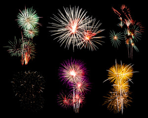Beautiful light for celebration of Festive colorful fireworks display on night sky, isolated on black background