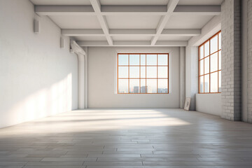 An empty room with two windows and a brick wall, Generative AI