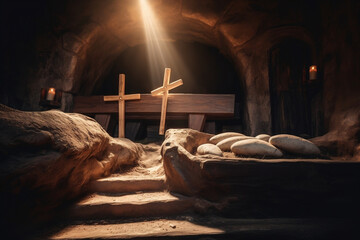 Experience the powerful symbolism of Crucifixion and Resurrection: Witness the empty tomb of Jesus against a backdrop of crosses. Embrace the Easter or Resurrection concept, celebrating the triumphant