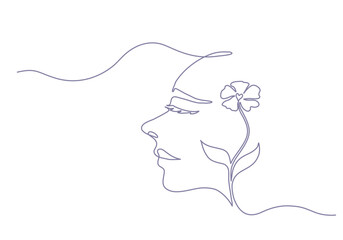 Continuous line art of a happy woman with a flower, lineart vector illustration.