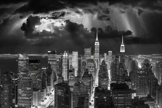 Black and White photo of a city at night, Generative AI