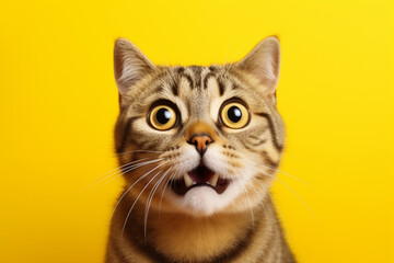 A cat sitting on a yellow background with a shocking face, Generative AI