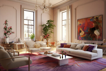 A room with cream walls that are accented with beige, and white furniture and decor, There are small pops of color in the form of pink throw pillows, art, and plants, A vintage rug in shades of purple