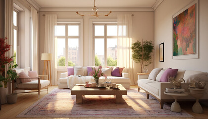 A room with cream walls that are accented with beige, and white furniture and decor, There are small pops of color in the form of pink throw pillows, art, and plants, A vintage rug in shades of purple