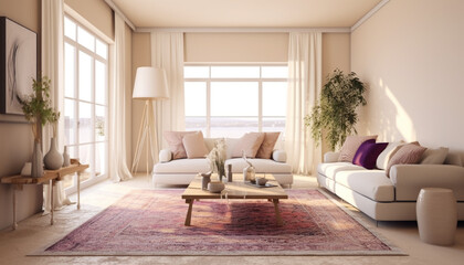 Fototapeta premium A room with cream walls that are accented with beige, and white furniture and decor, There are small pops of color in the form of pink throw pillows, art, and plants, A vintage rug in shades of purple