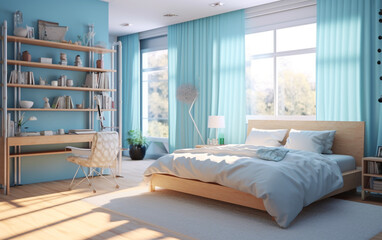 Bright and airy cyan bedroom with natural wood accents , Generative AI	