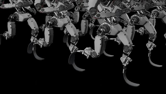 robot squad, cyborgs, running, black background, background for music