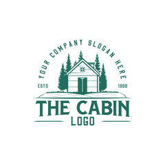 Unique cabin and wooden house  logo design, mountains and pine forest, vintage wooden house
