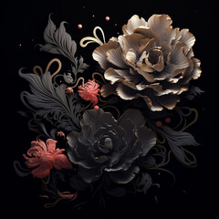 Love roses gilded; touched with gold texture; close up photography; removable black background; beautiful lovely fresh wet flowers.